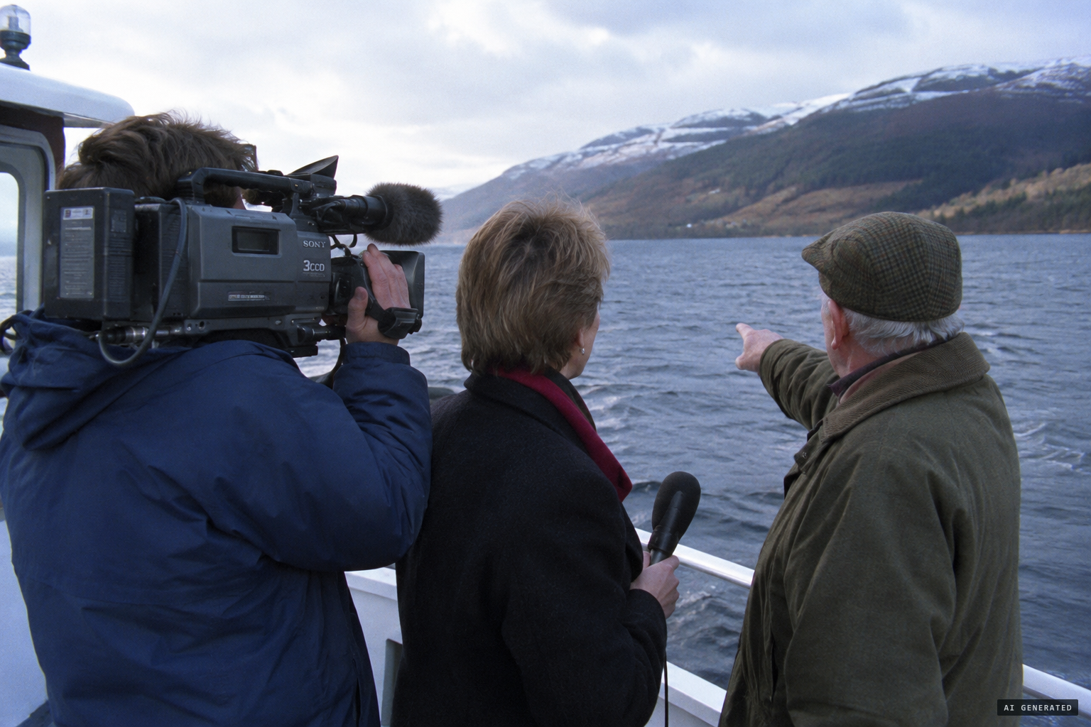 The 60 Minutes II crew searches the loch with Rines
