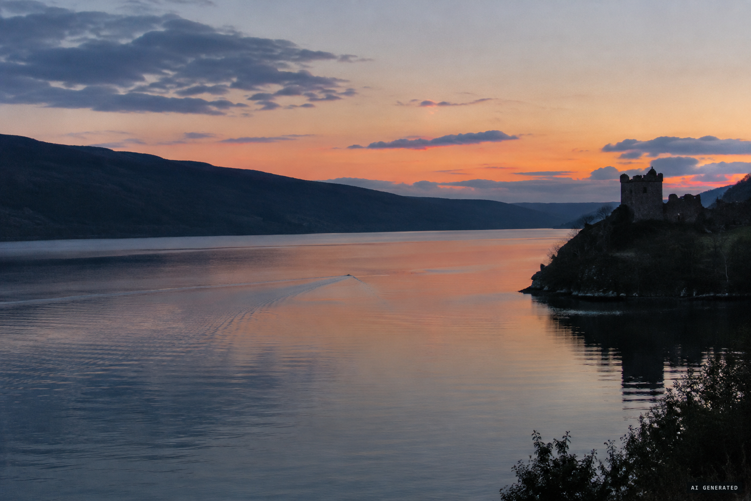 A massive wake, a calm bay, no boat in sight