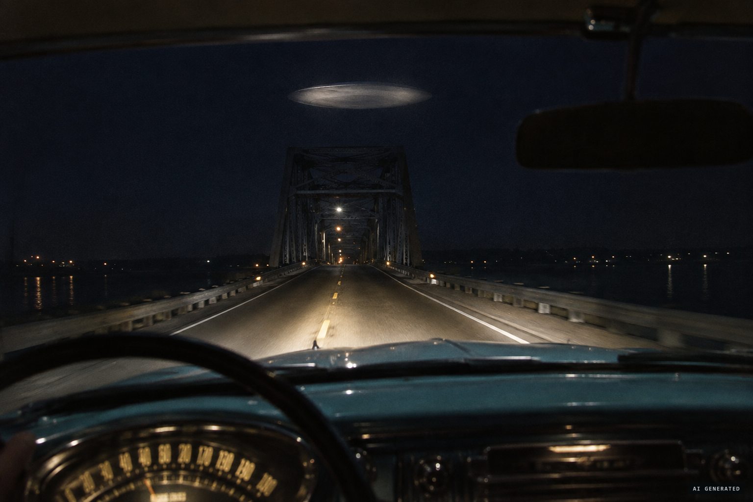 A large, flat, egg-shaped object glowing dim white above the bridge superstructure