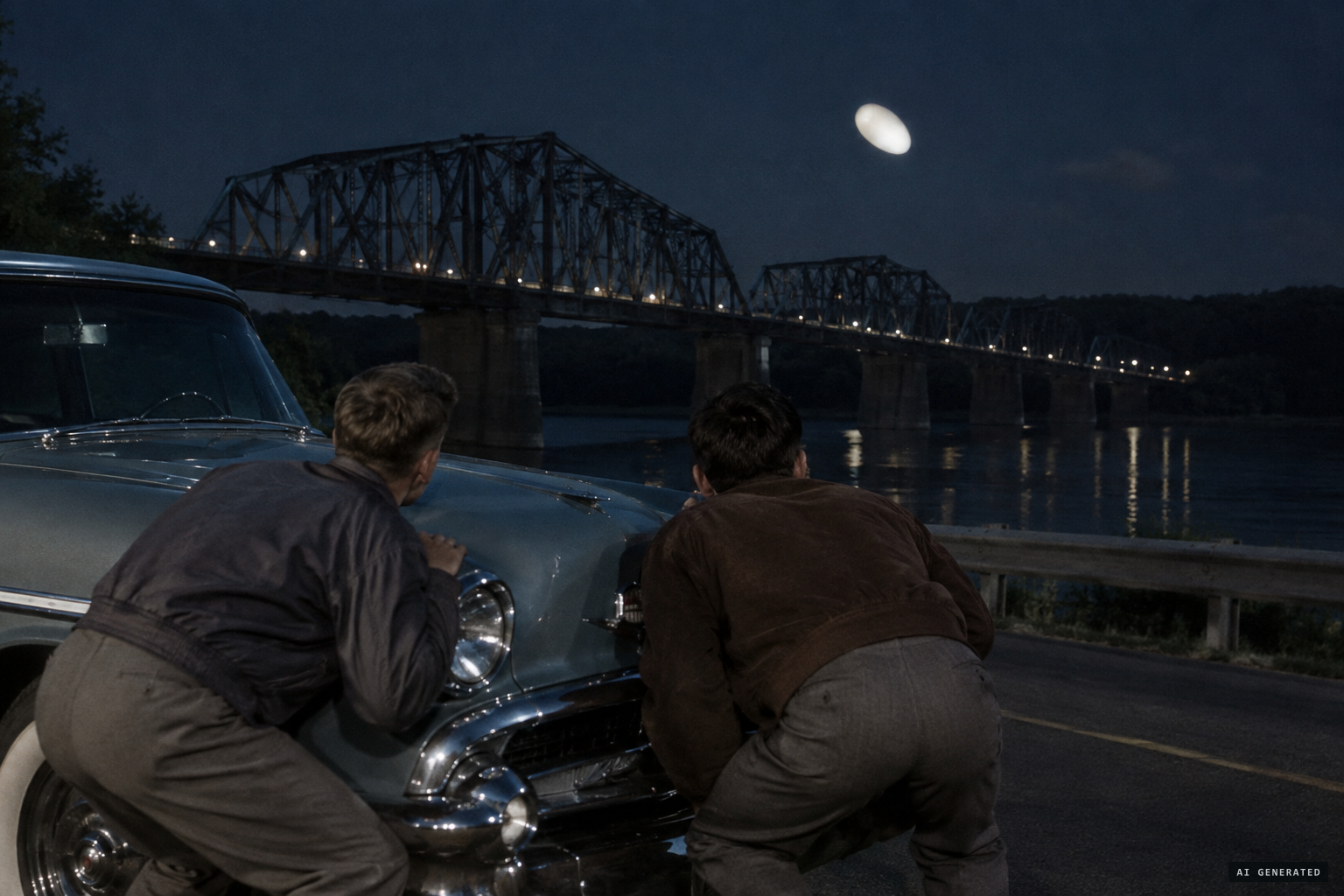 The two men hide behind the car, terrified, and watch the object