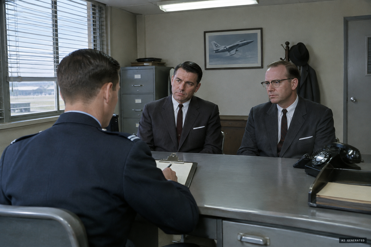 2nd Lt. Bert R. Staples interviews the two witnesses for Project Blue Book