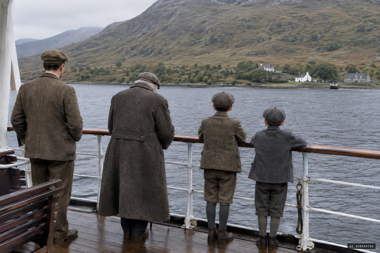 Four passengers on the steamer as it passes Gaskan