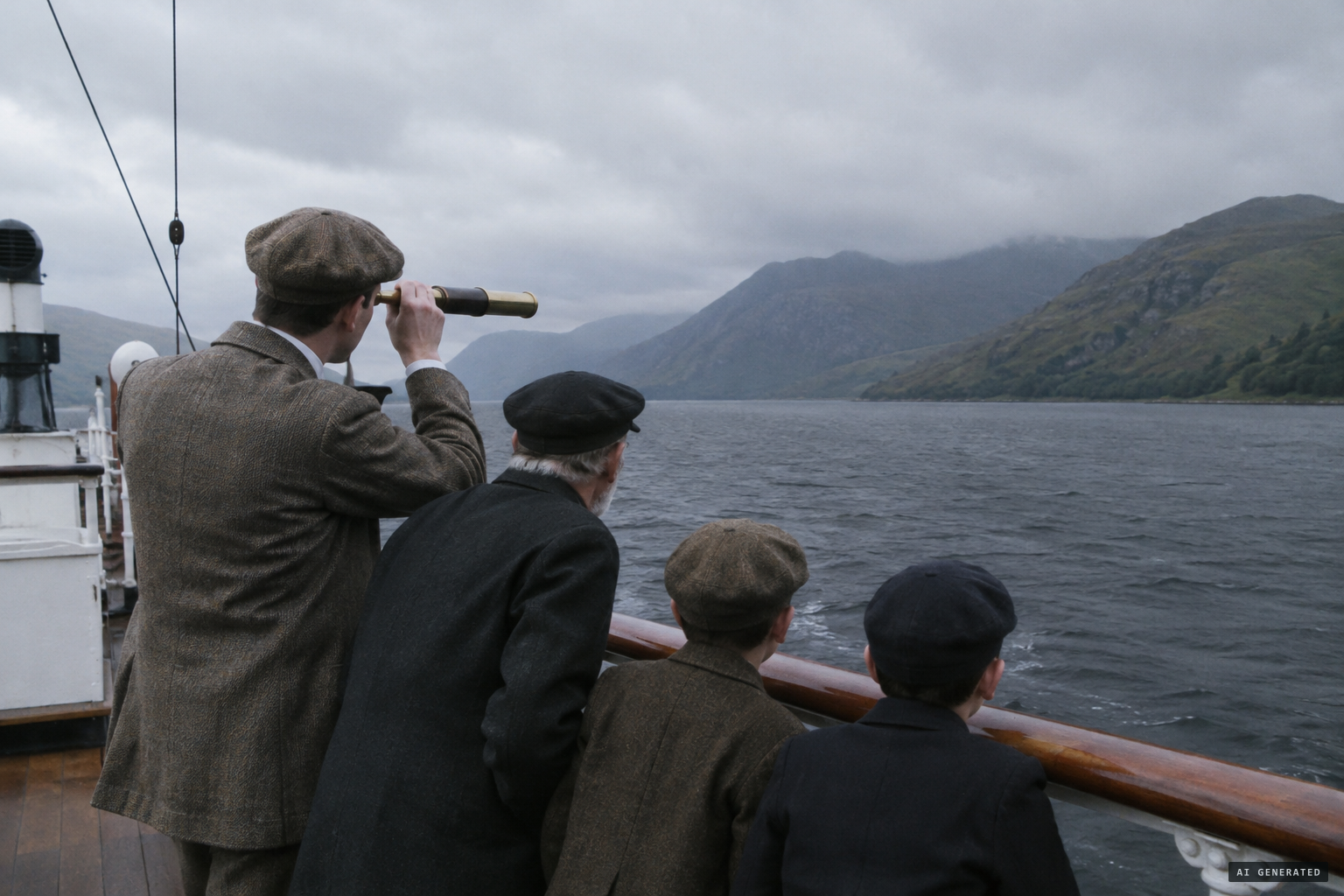 Through a telescope, all four look out over the water