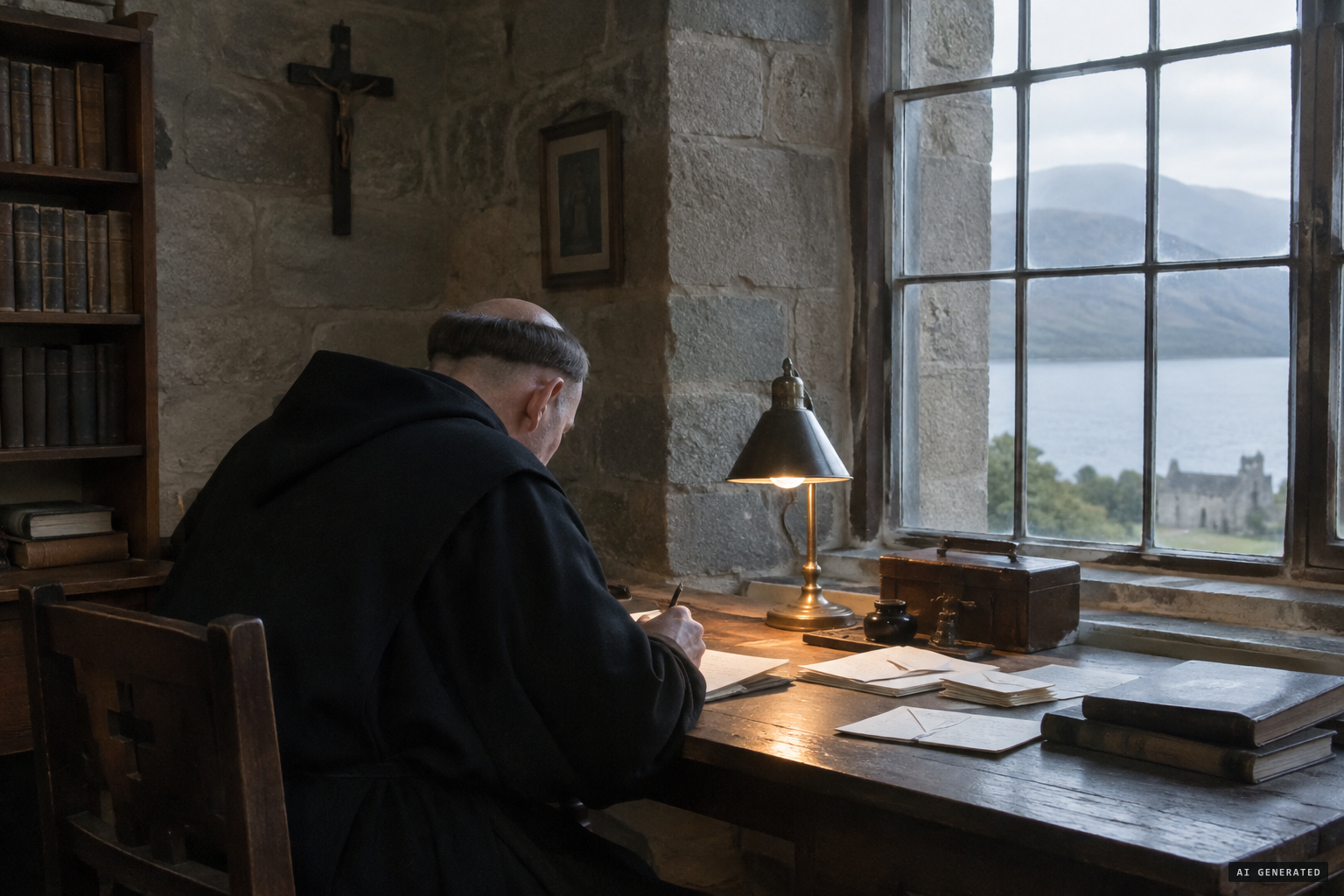 Father Henry Cyril Dieckhoff gathering loch-monster reports at Fort Augustus Abbey