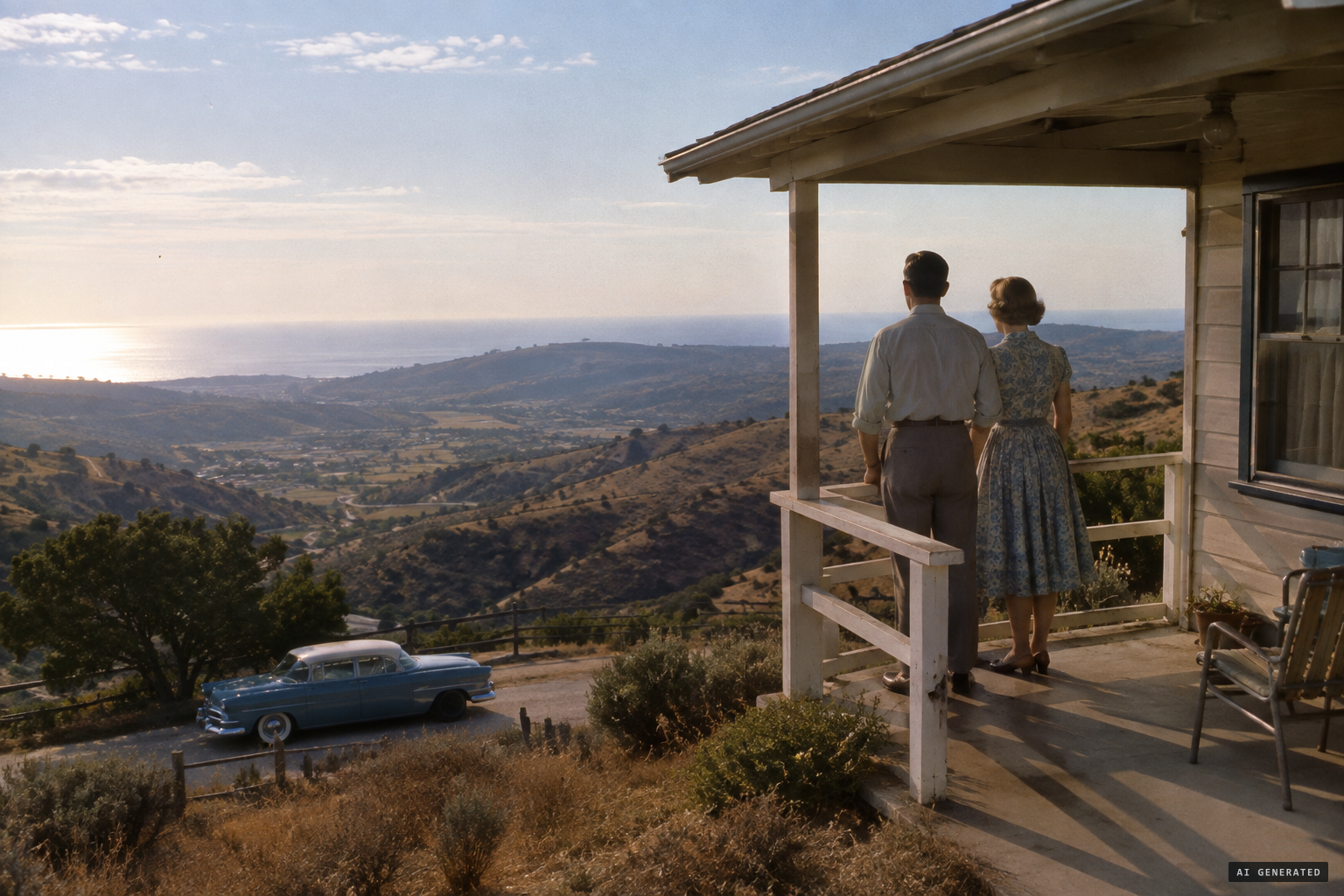 Kelly Johnson and his wife Althea at Lindero Ranch, facing the coast