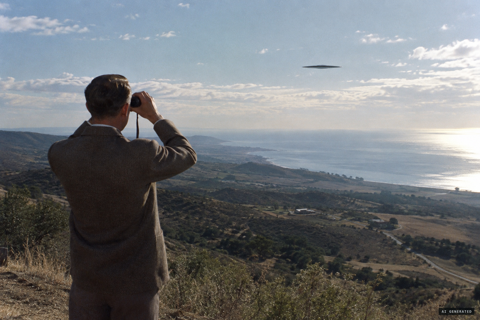 Johnson watches a long, thin black ellipse through 8x binoculars