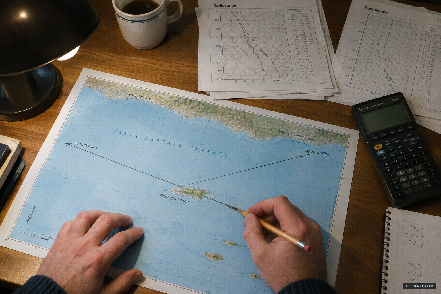 Shough crosses the two lines of sight and places the object near Anacapa Island