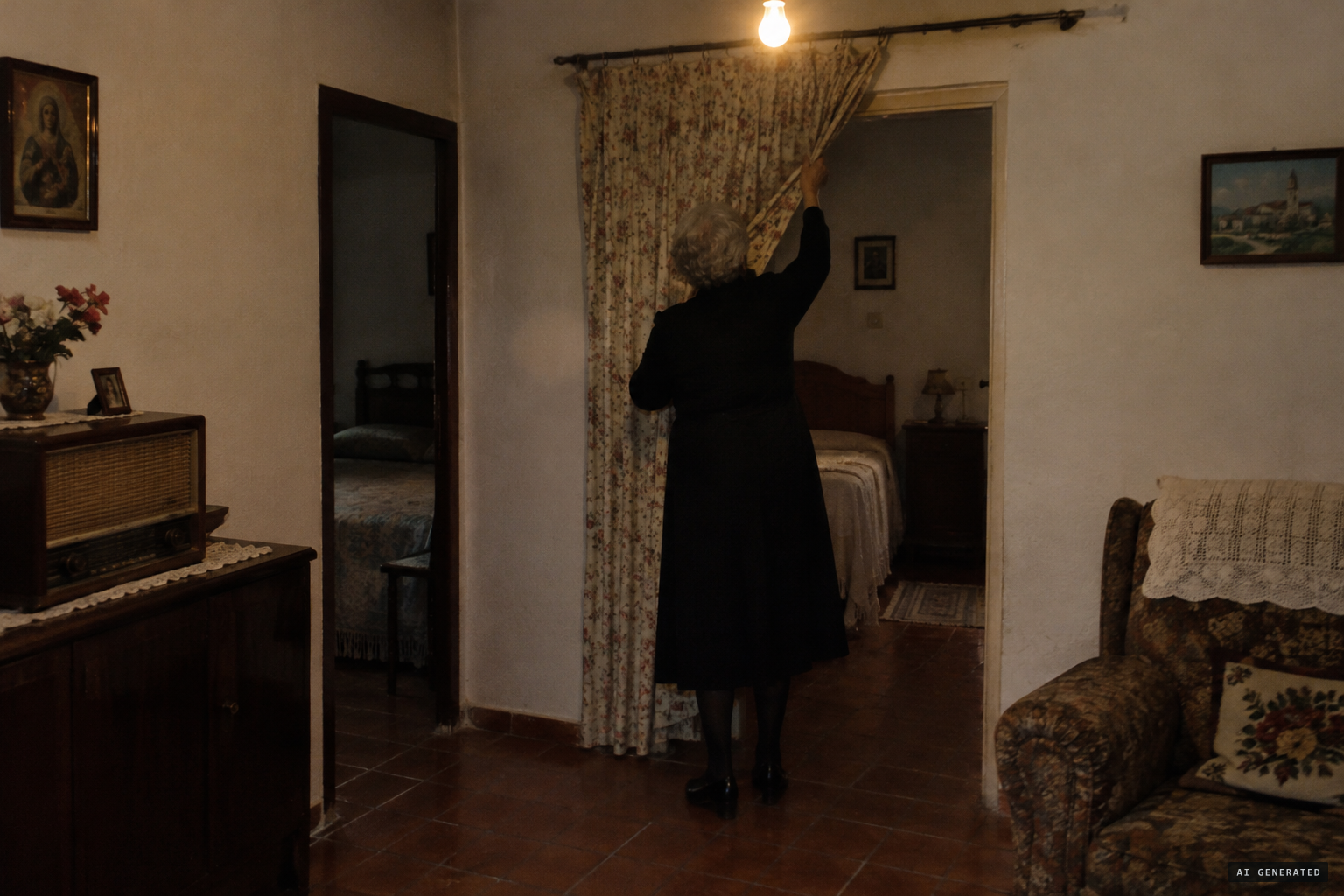 María hangs back the curtain that has fallen to the floor.