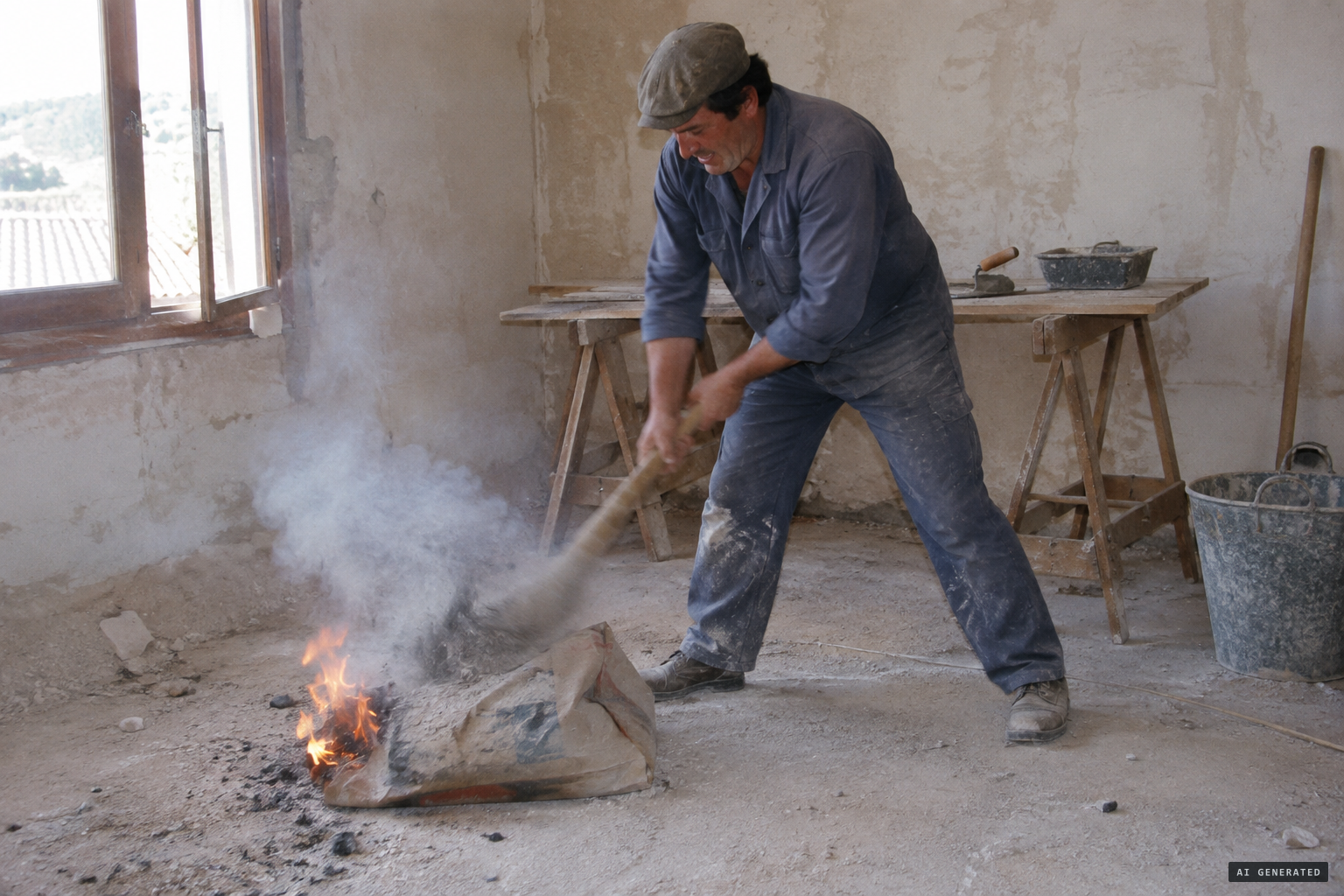 In broad daylight, a sack of plaster begins to burn.
