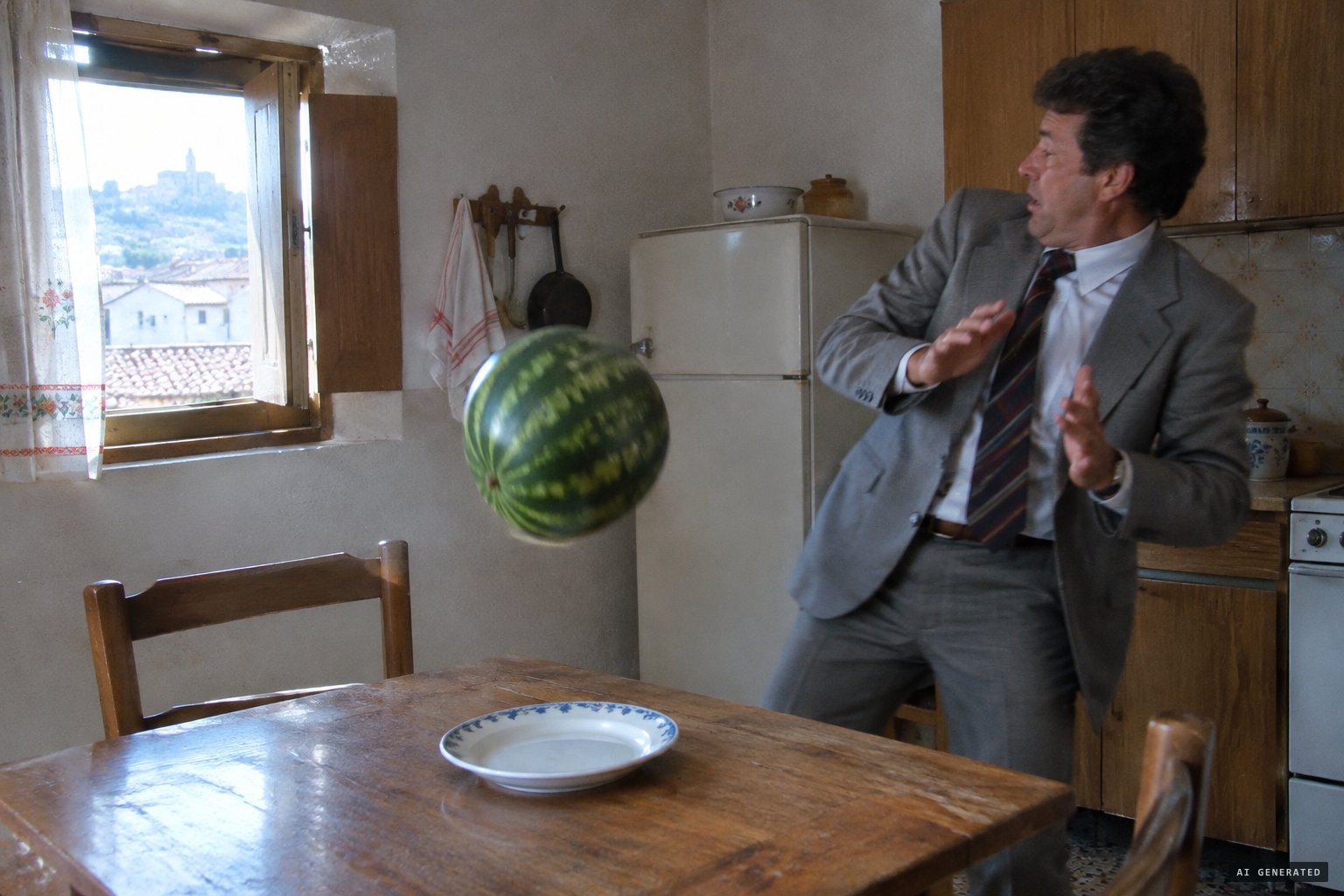 Before the sceptical lawyer, a watermelon flies off its plate.