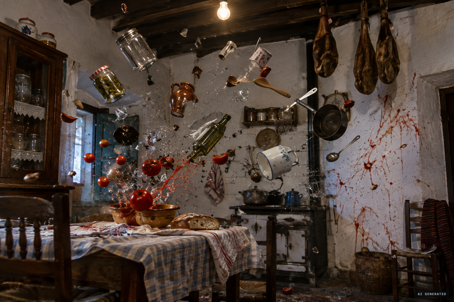 Jars, bottles and utensils fly and break; tomatoes strike the walls.
