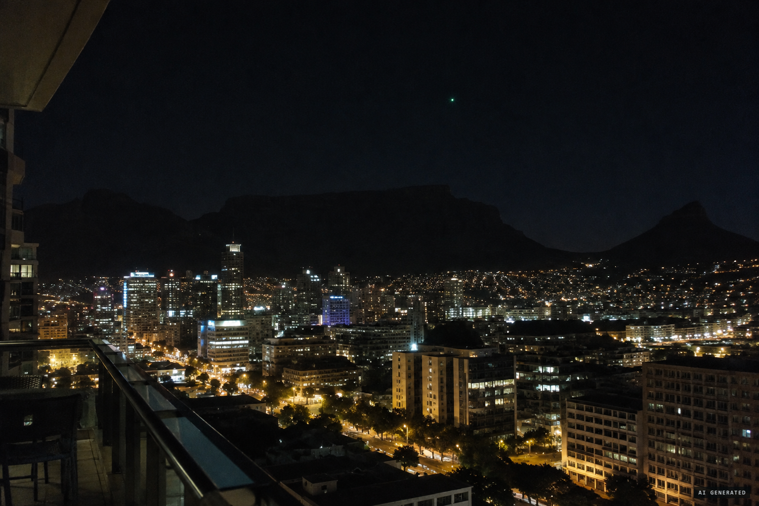 A green light seems to hang in the sky over Cape Town