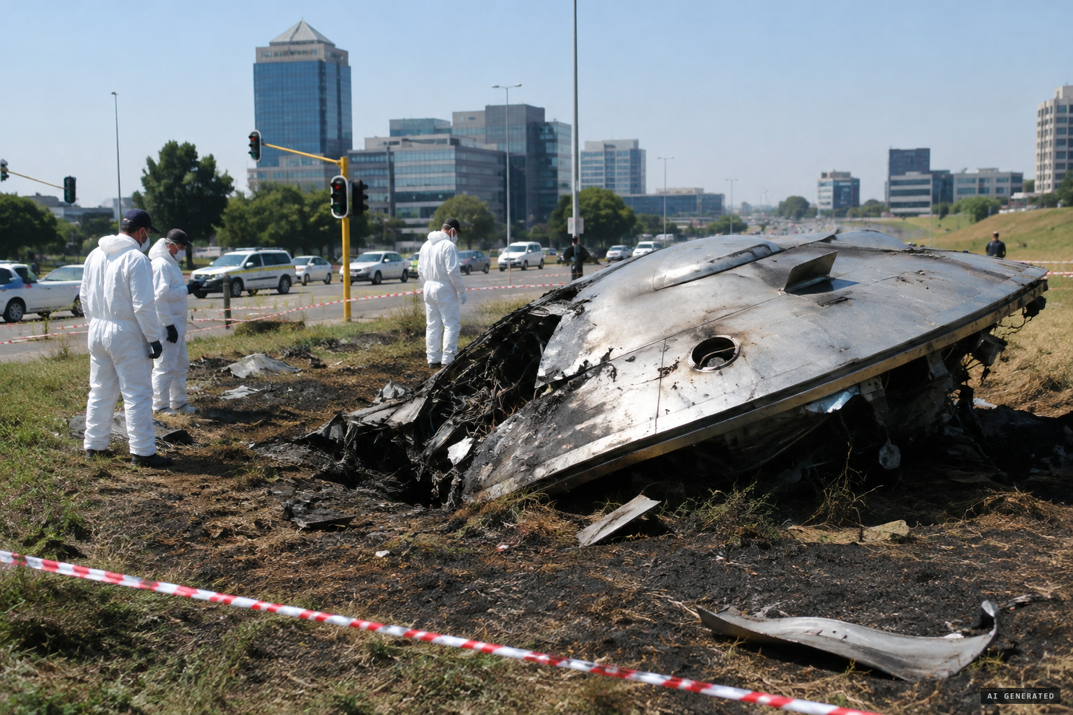 A crashed spaceship appears beside the road in Sandton