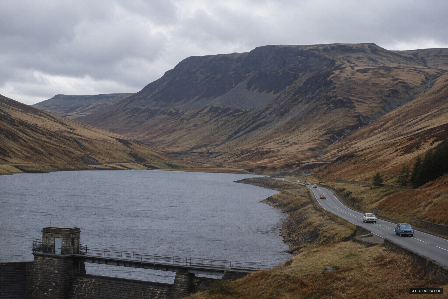 The Longdendale valley, with Bleaklow rising above Torside Reservoir and the Woodhead road below