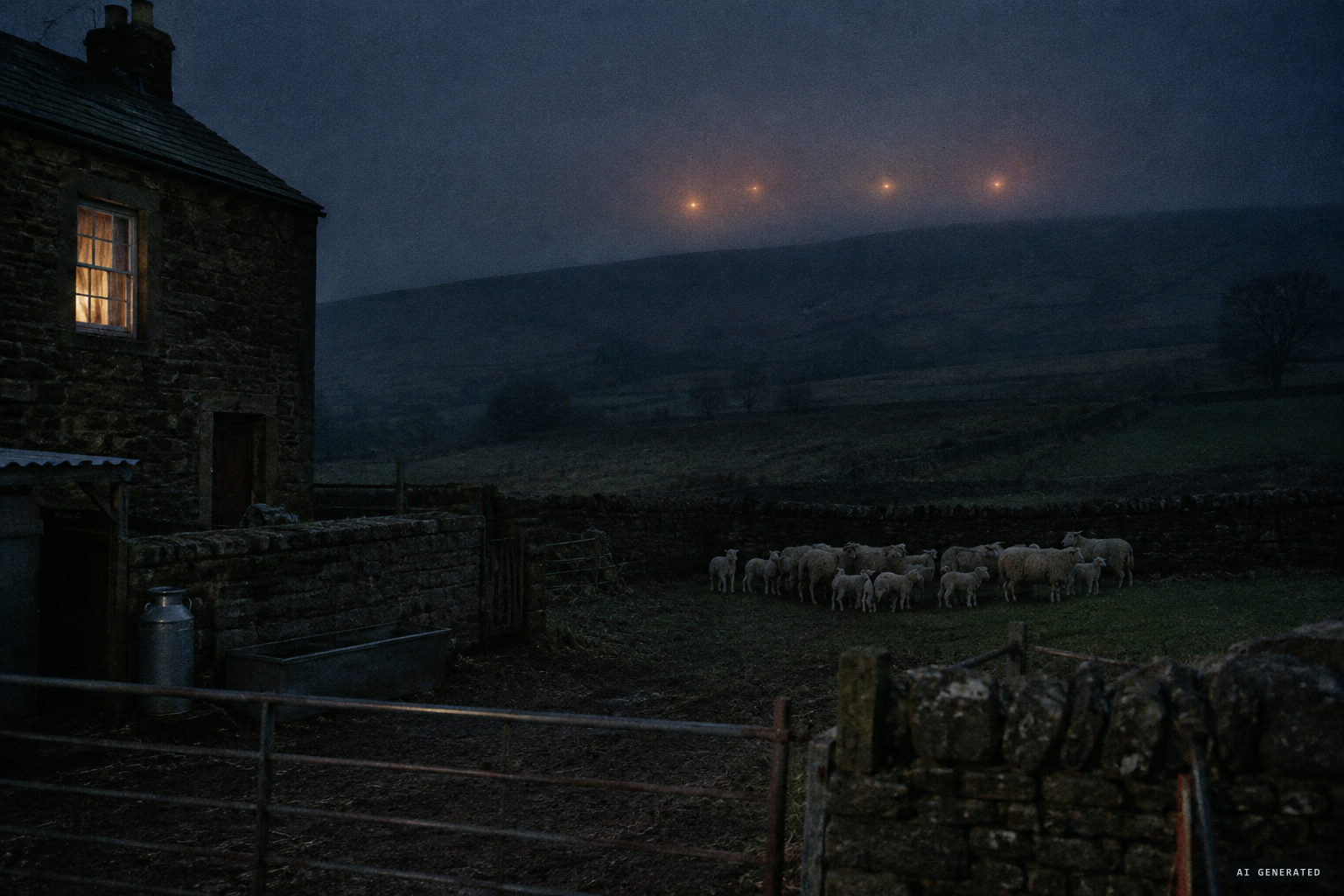 The Devil's Bonfires glowing above the ridge, seen from a Tintwistle farm