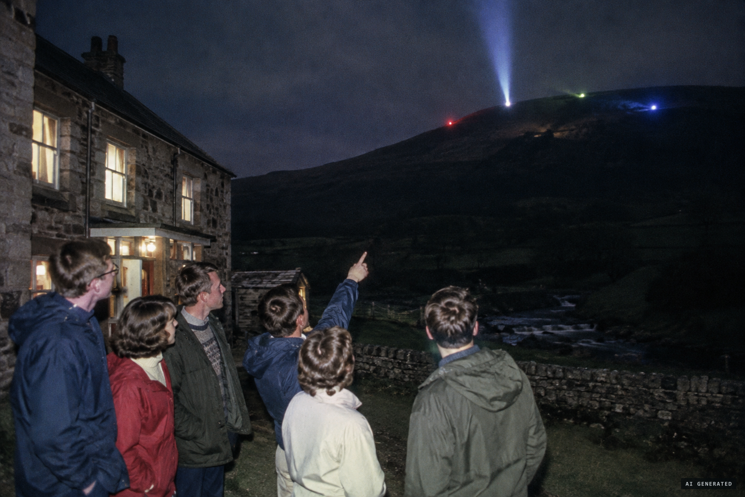Hostel visitors watch beams and coloured lights on Bleaklow