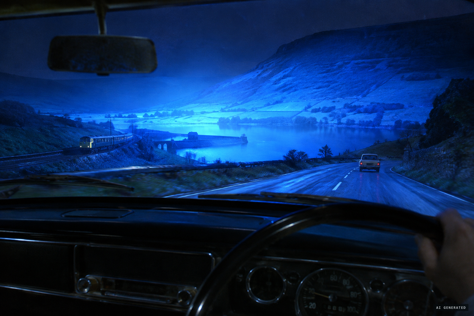 A brilliant incandescent blue light lights up the mountain, railway, reservoirs and road