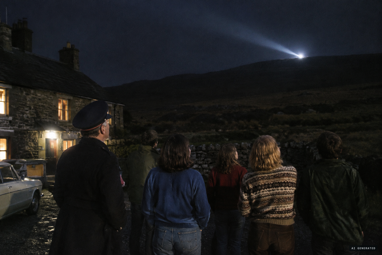 Warden Joyce Buckley and her guests watch a powerful light on top of Bleaklow
