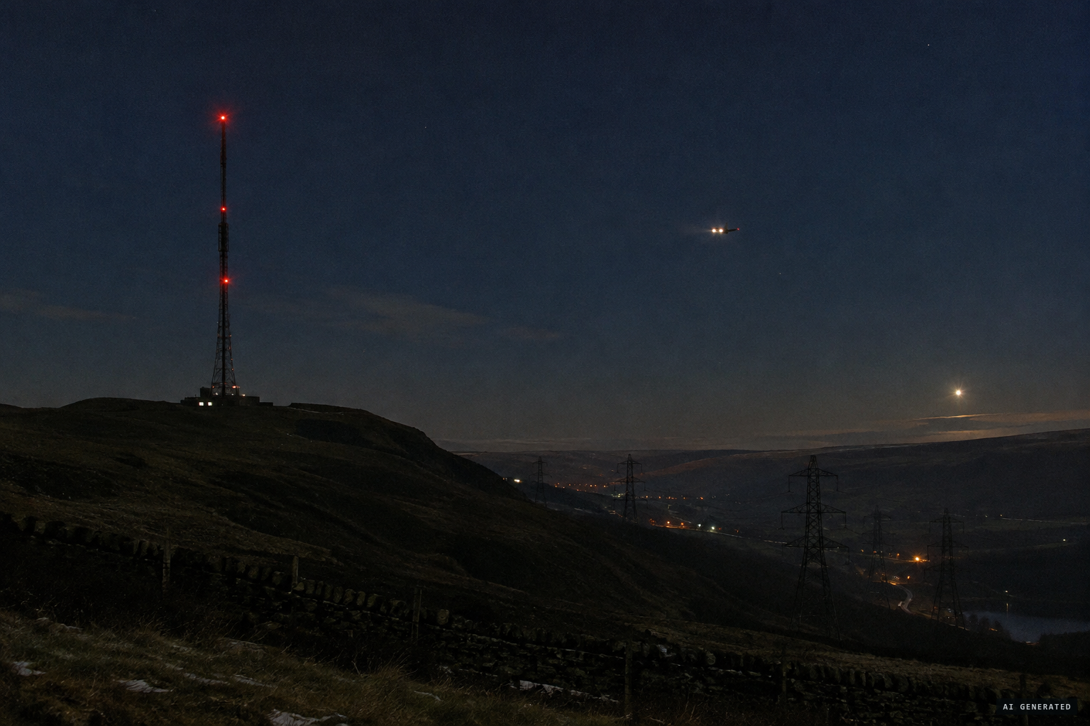 Suggested causes: aircraft lights, the Holme Moss beacon, pylons and Venus