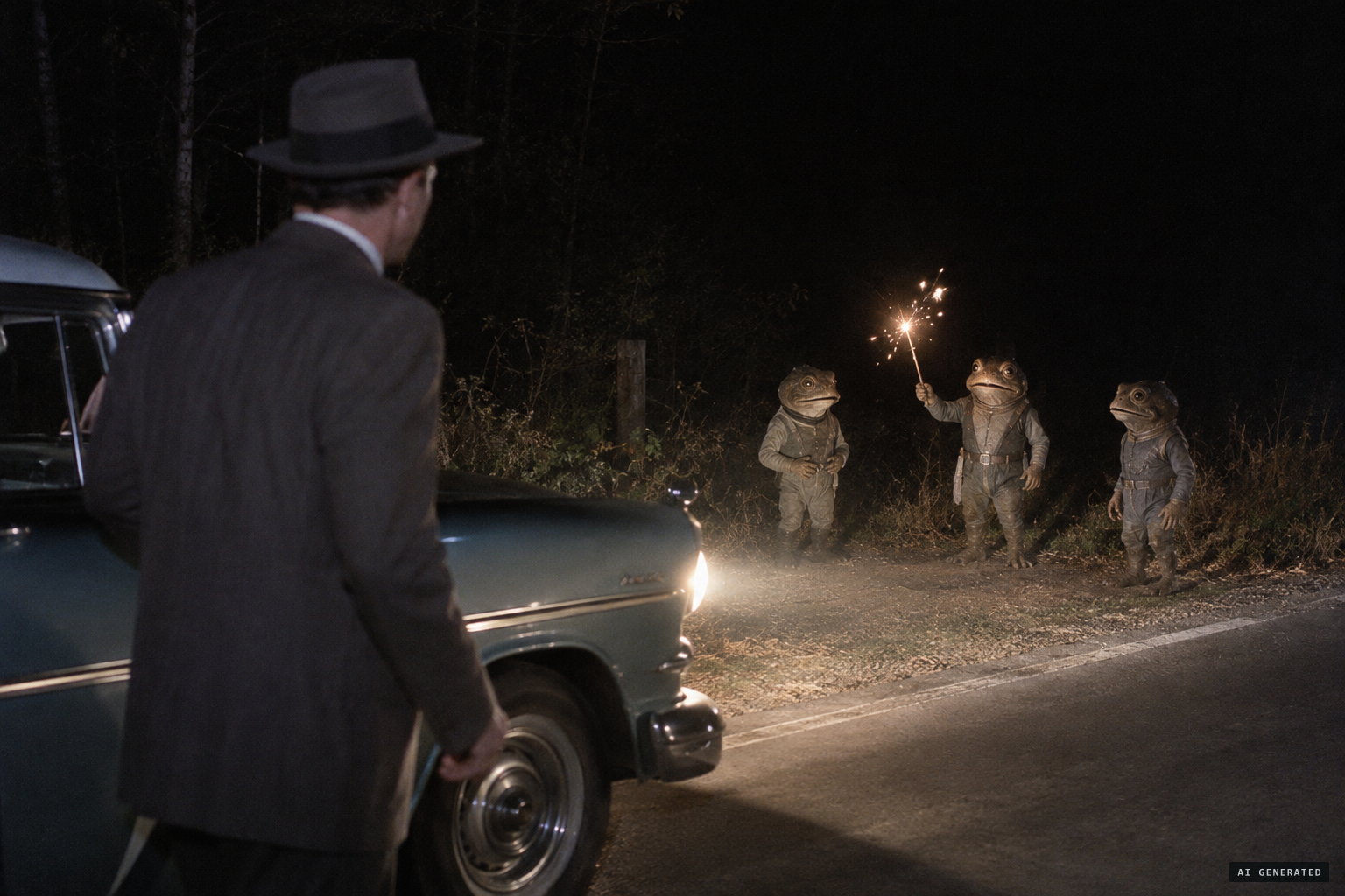 Three frog-faced figures near Branch Hill, one holding a sparking wand