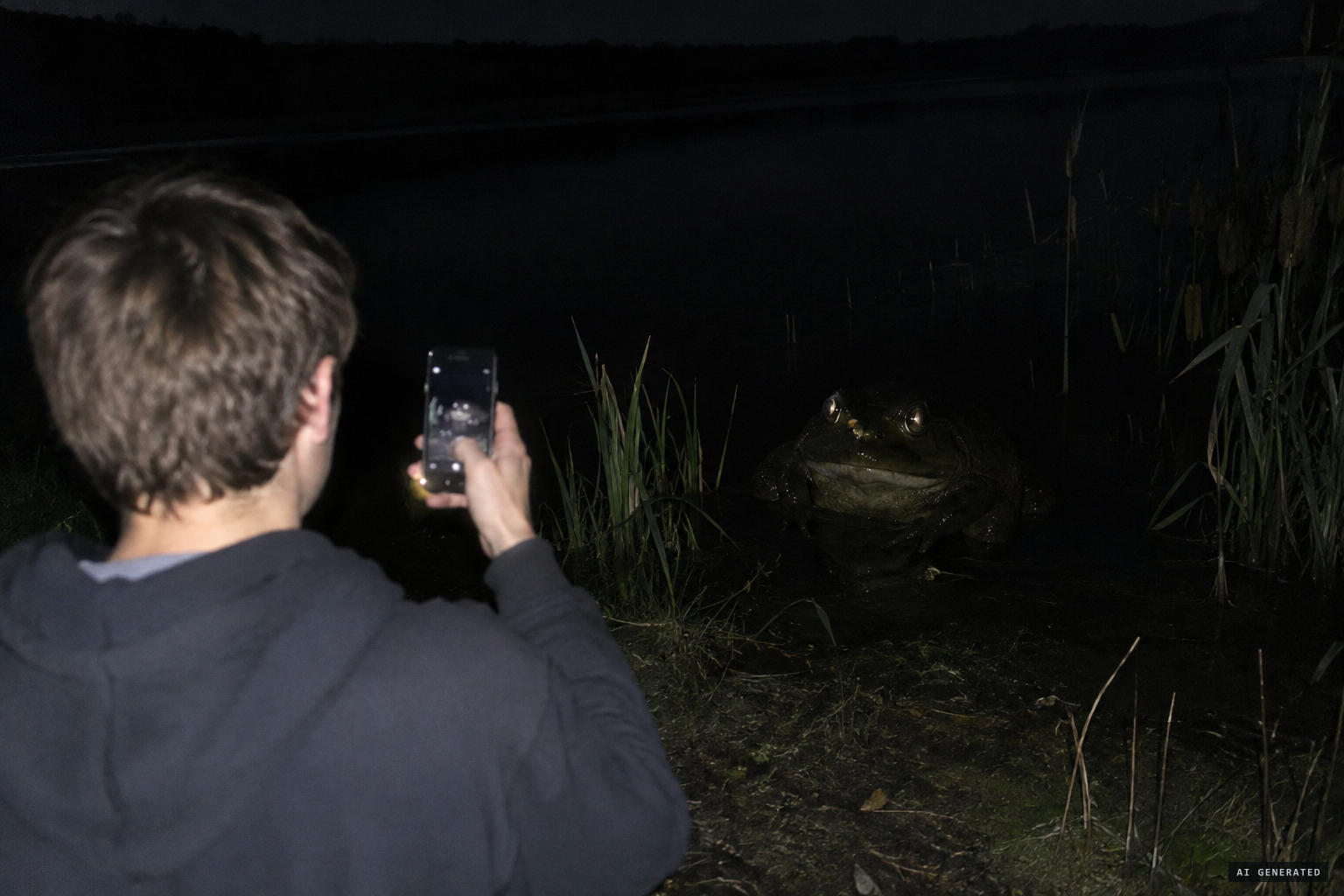 A huge frog near the water, photographed by phone