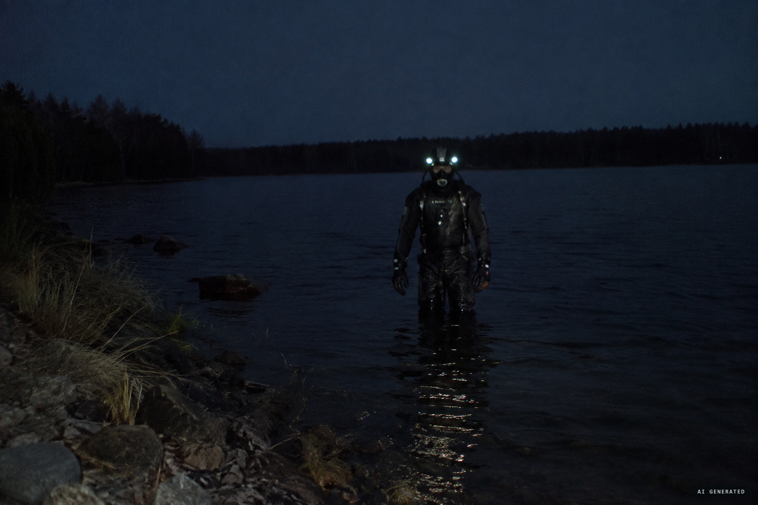 A skeptics' theory: a person in a dry suit with headlamps