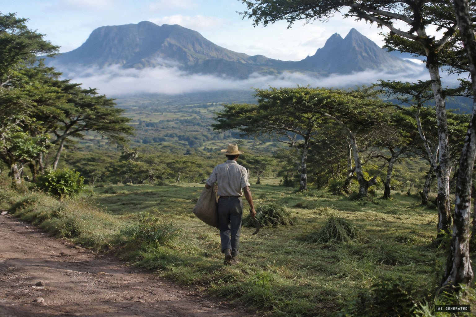 Luce Fontaine walks into an acacia clearing to cut grass for his rabbits