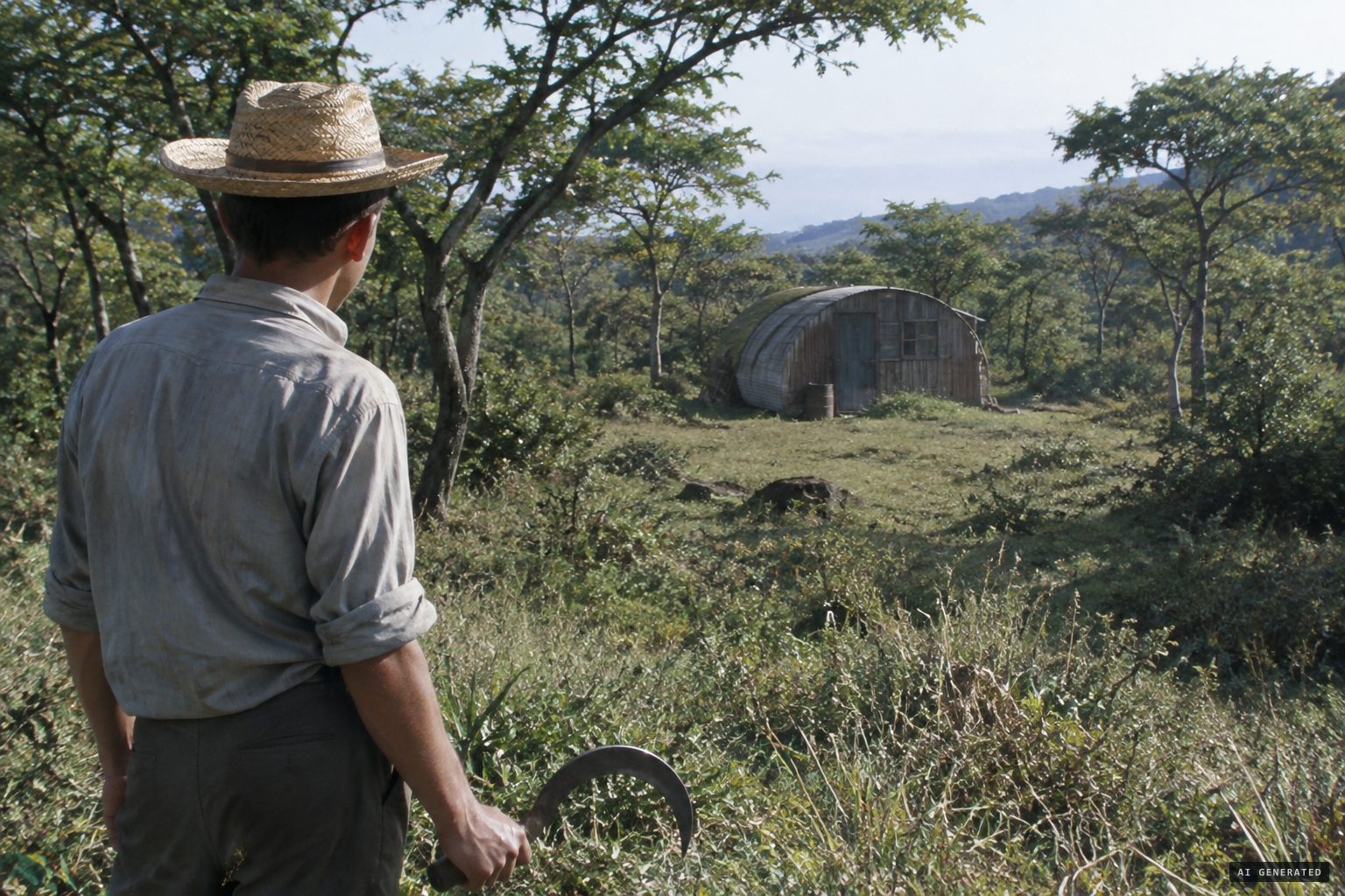 About 09:00, Fontaine suddenly sees an oval cabin 25 metres away in the clearing