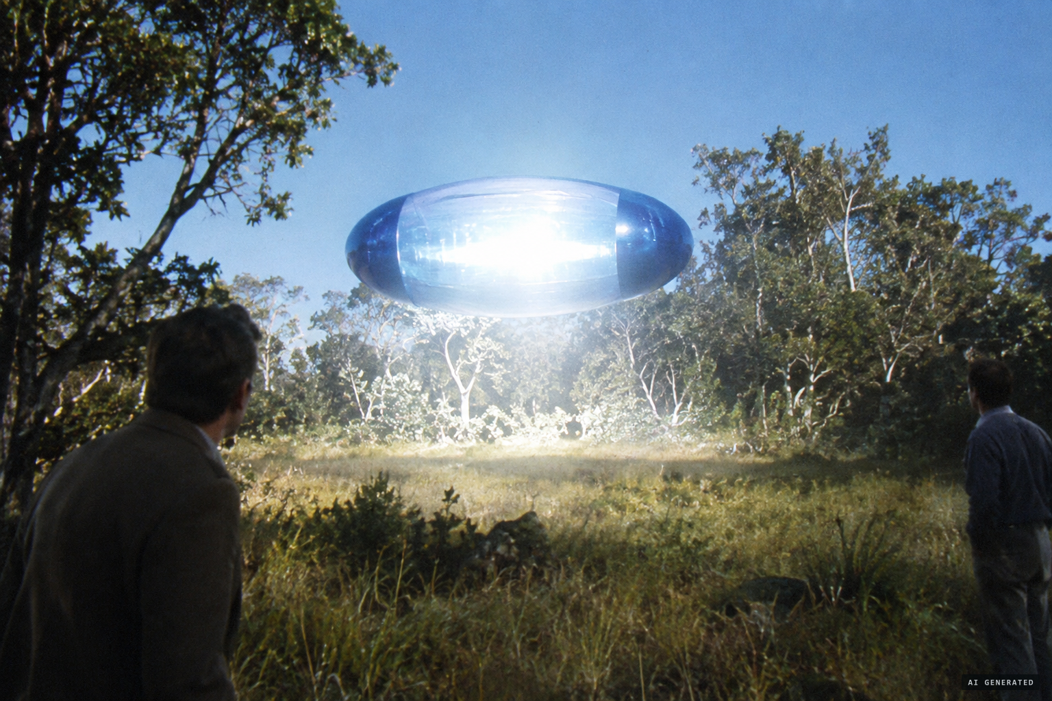 The ovoid craft hovers above the ground, giving off a harsh light like a welder's