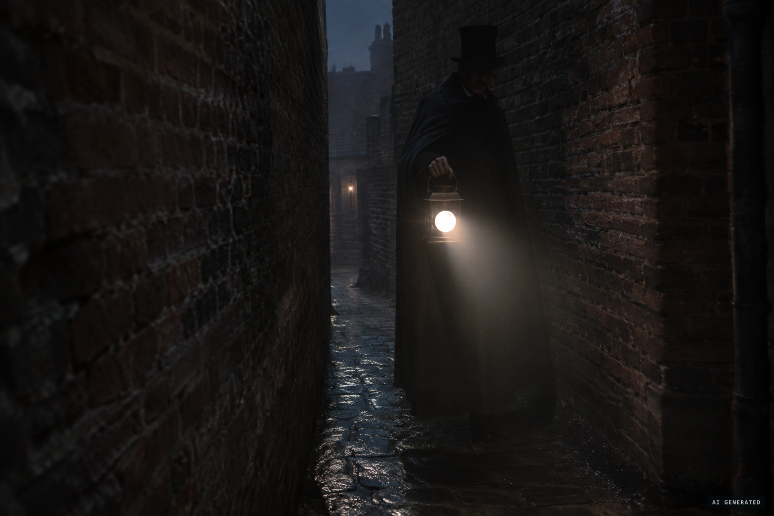 A tall, cloaked figure with a bull's-eye lantern stands in an angle of the passage