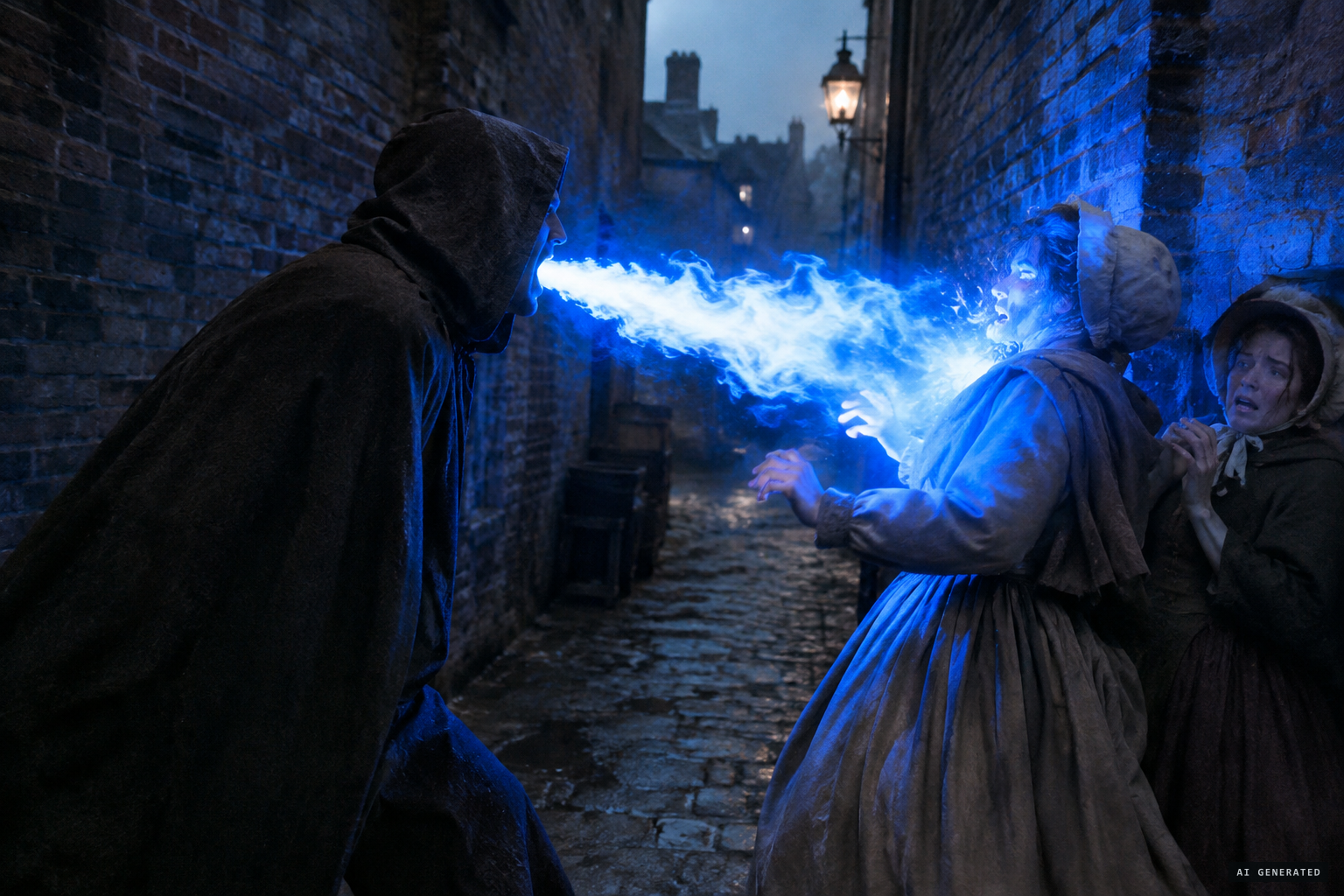 He spurts blue flame into Lucy's face