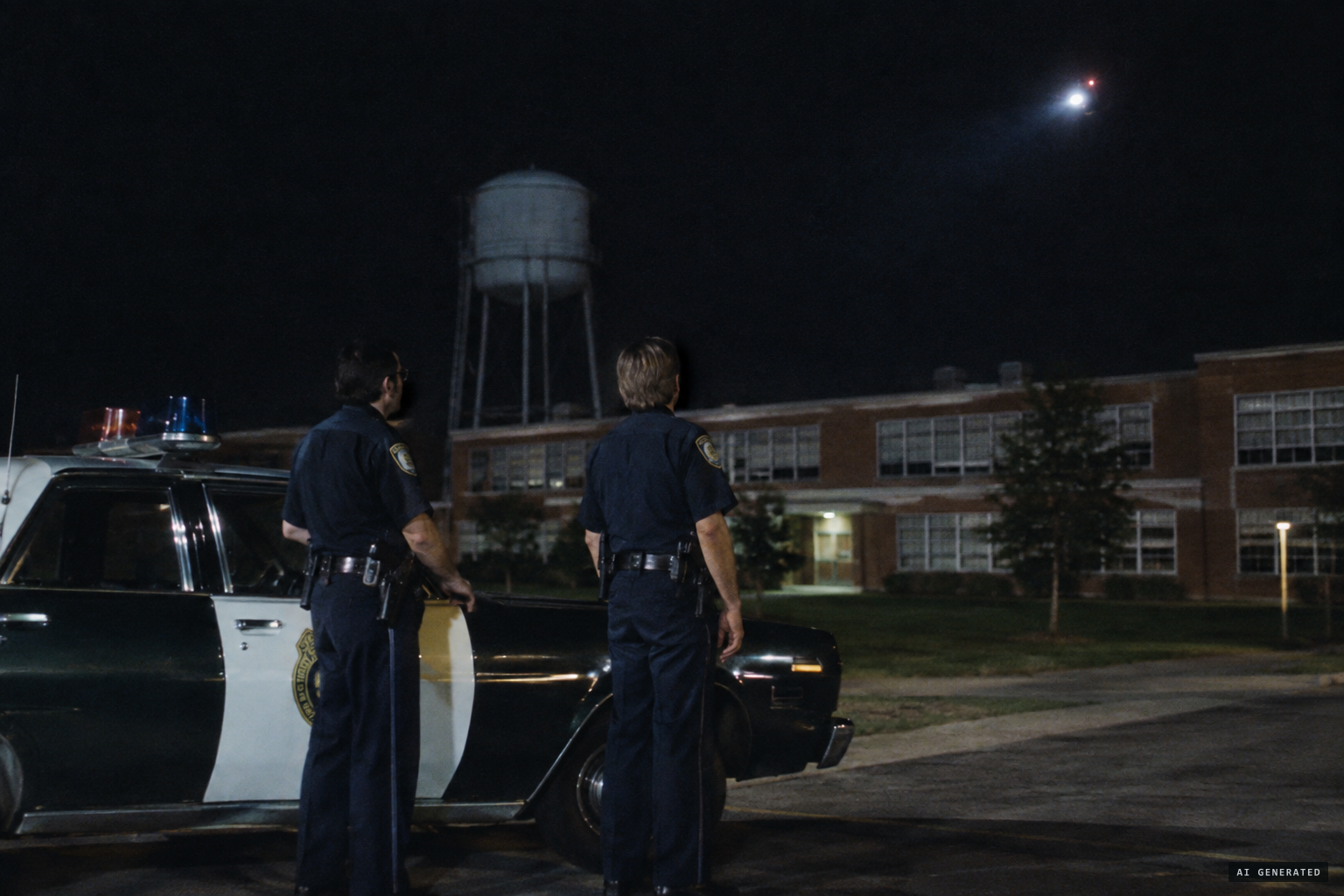 Patrolmen Atkinson and McCormick see a light near the water tower behind Lumberton High School