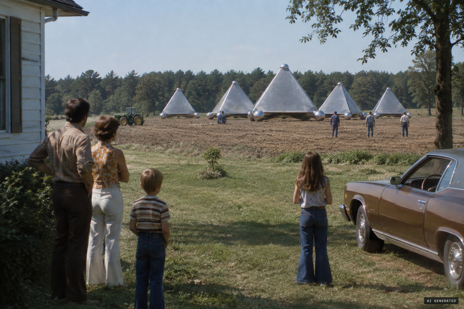 The Strickland family sees five triangular metallic objects land in the soybean field