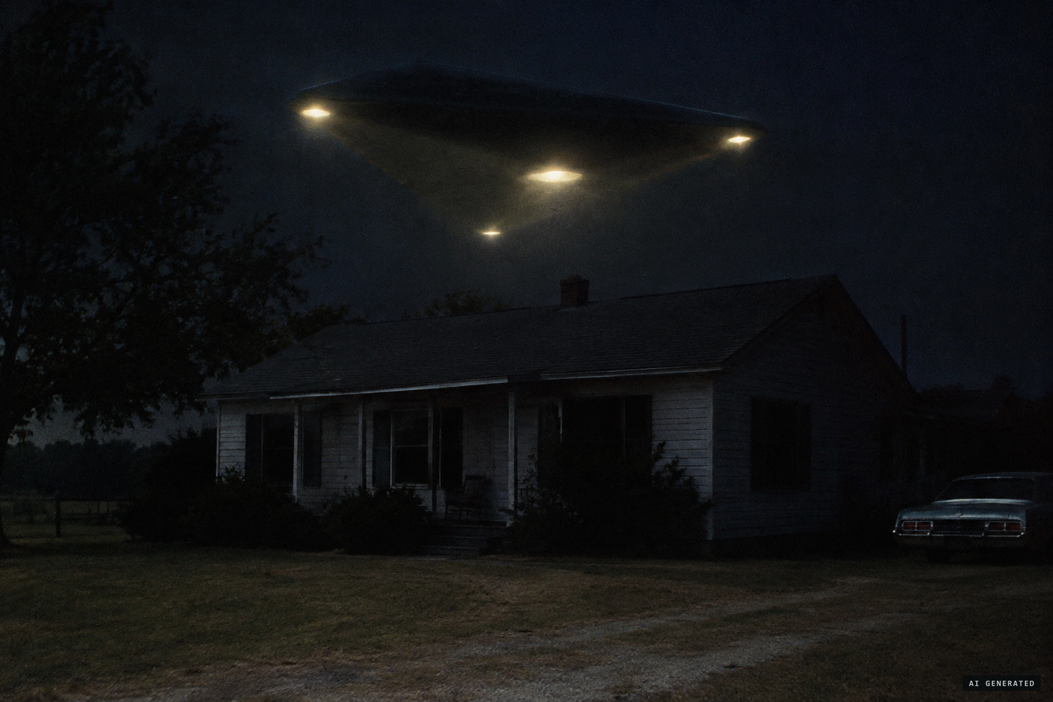 A delta-shaped object hovers over a house as the power fails
