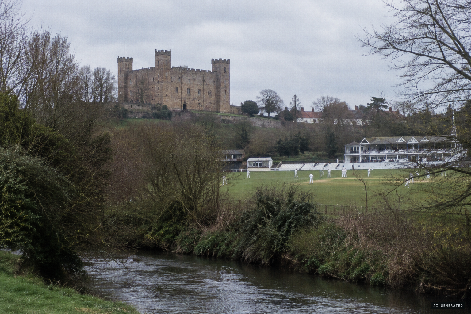 Lumley Castle above the burn, overlooking the Riverside Ground