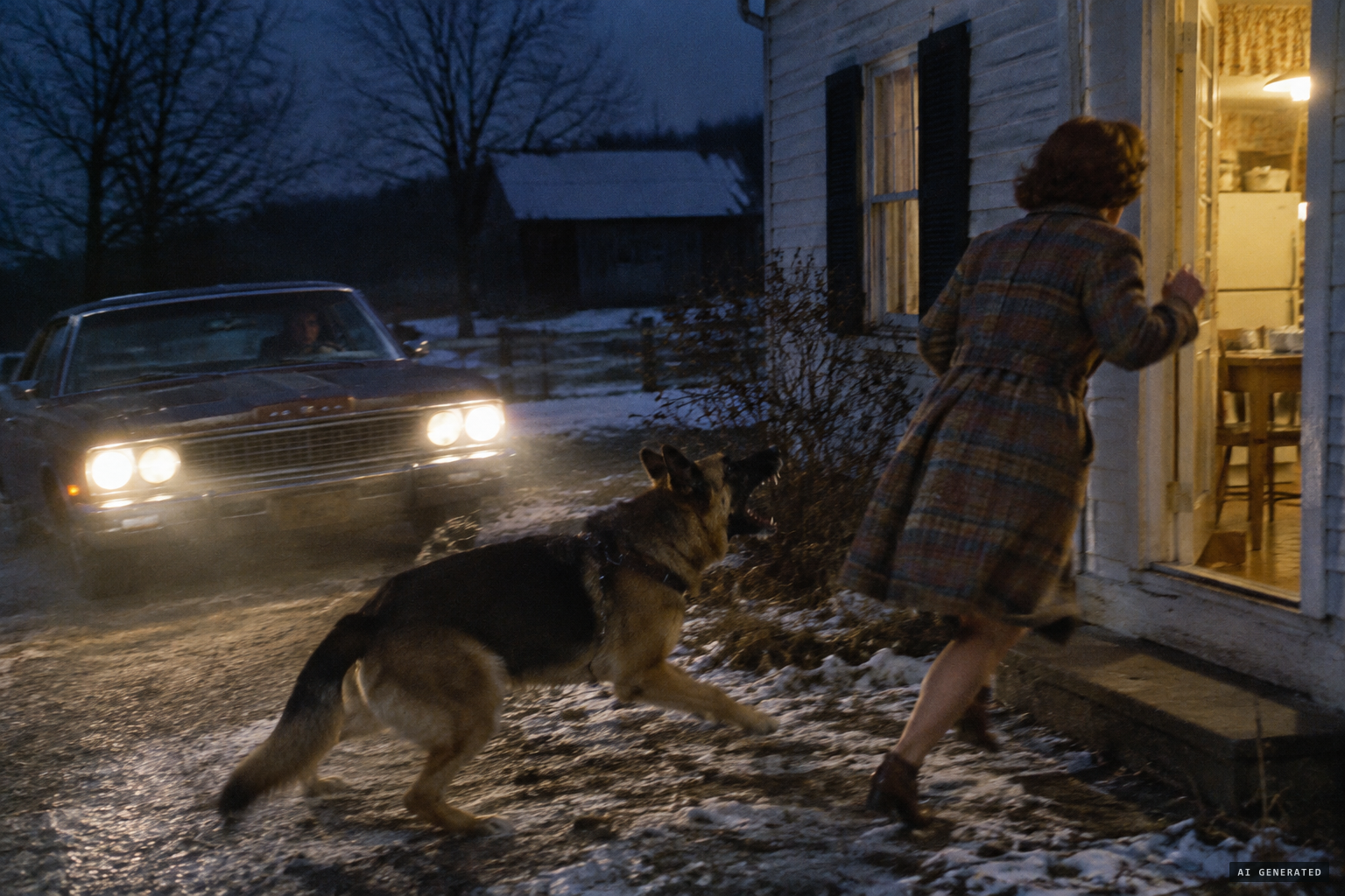 She swerves into the Beaudoins' driveway past the growling German Shepherd
