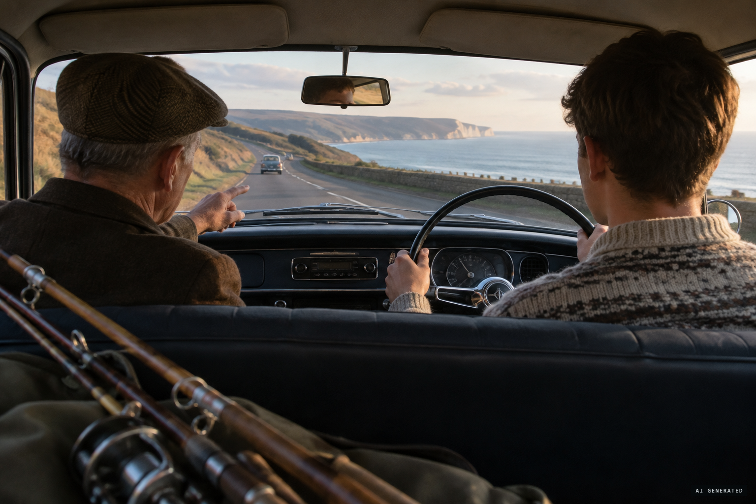 Lance Druce teaches Brian George to drive on the way home from fishing at Portland