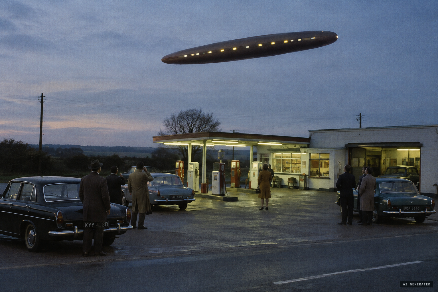 A coffee-brown cigar with a row of yellow lights hangs over St Peter's Finger Garage