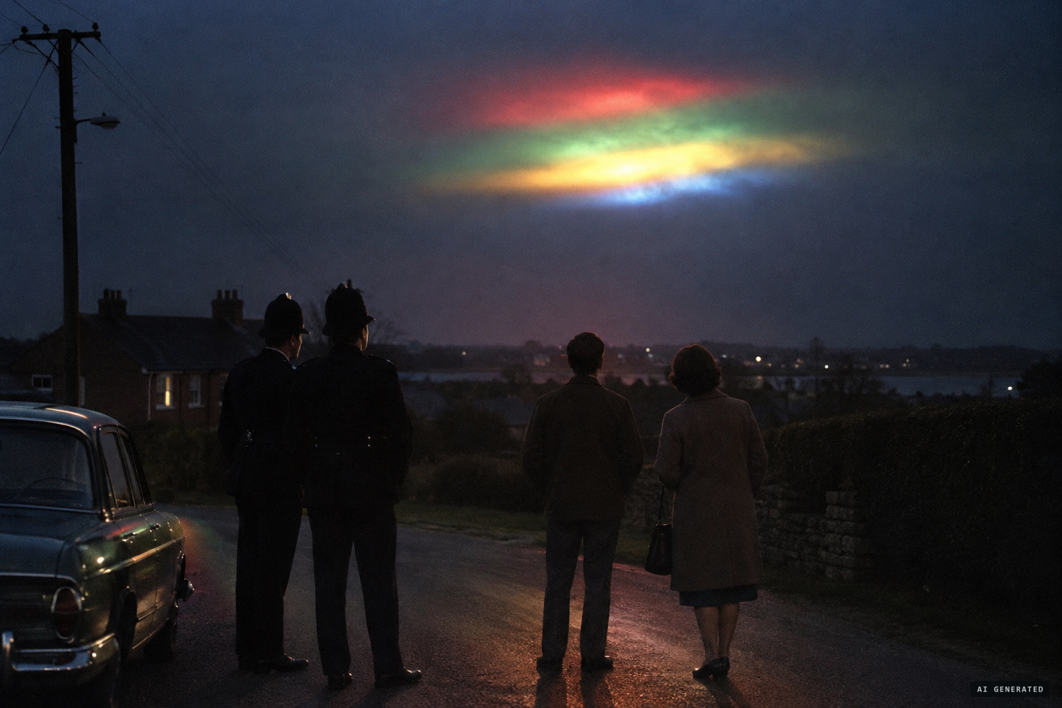 It returns as a blazing mass of coloured light as two policemen watch