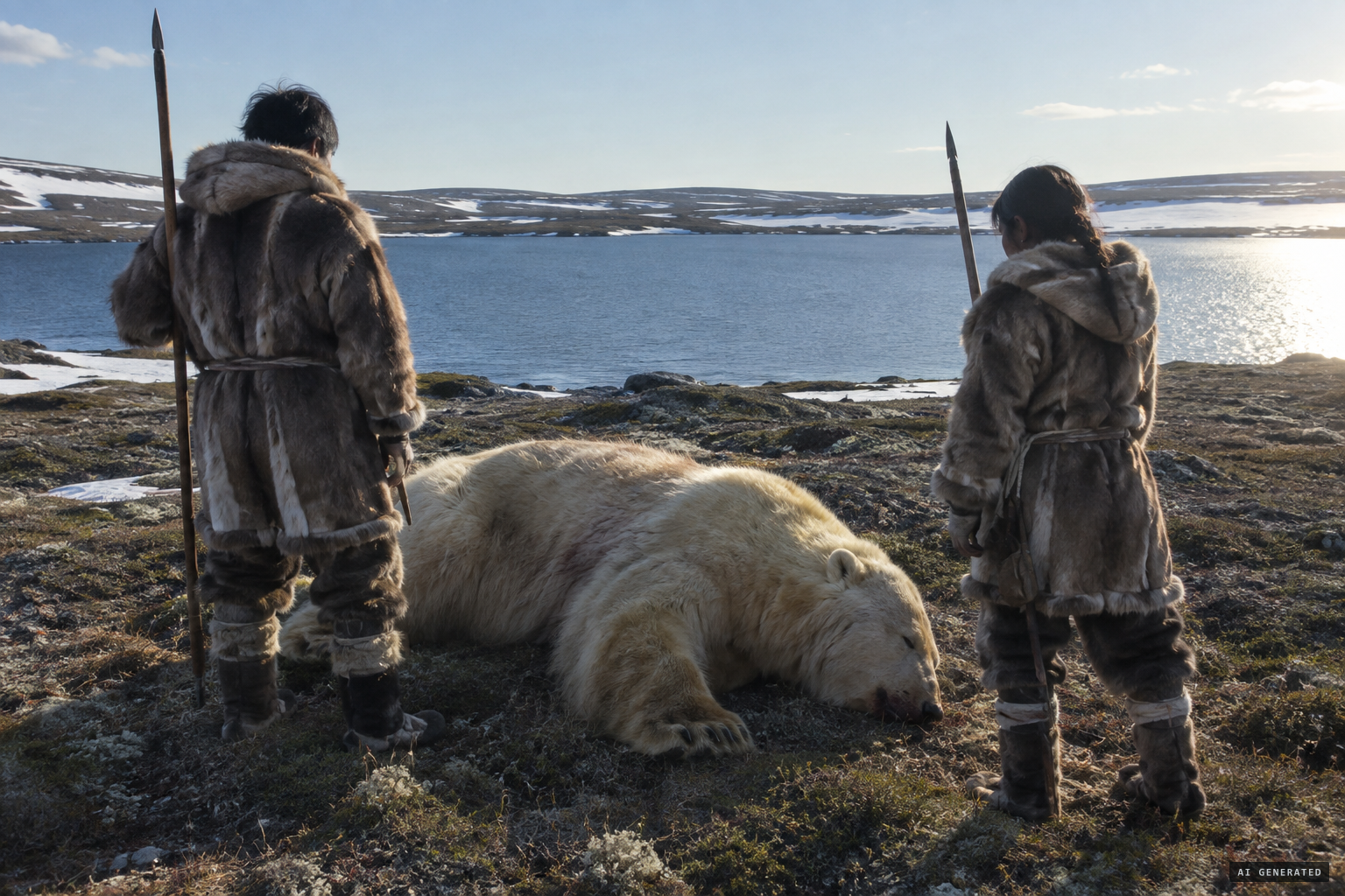 Two Inuit hunters with the large pale bear they killed near Rendezvous Lake