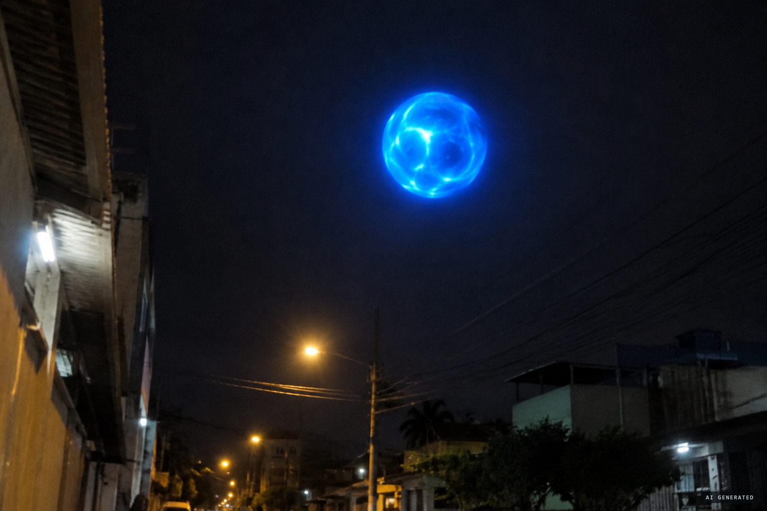 A gyrating blue sphere floats above the city