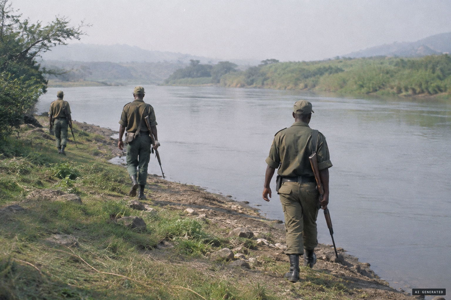 Armed conservation officers search the river; the monster does not appear