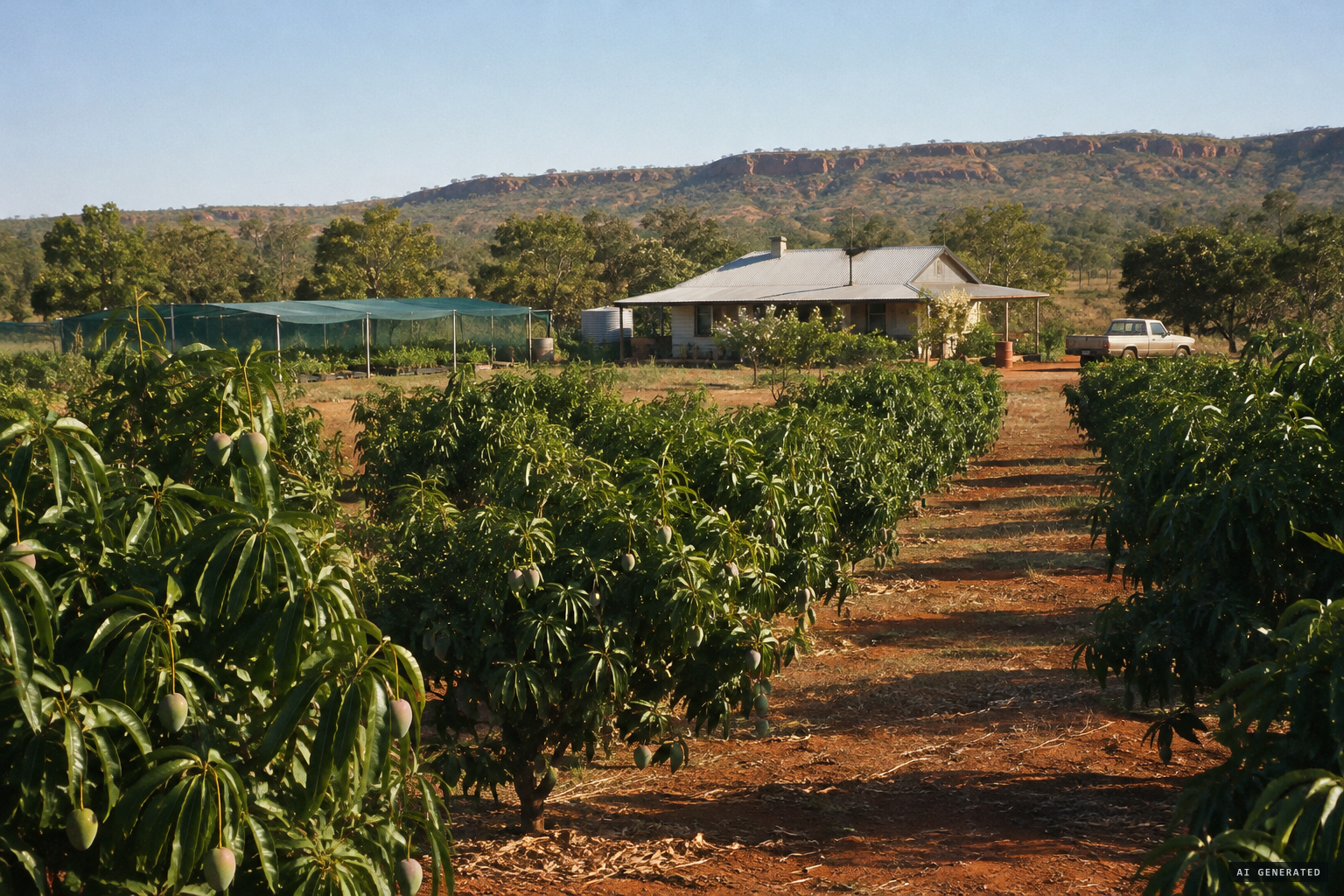The Tuckers' mango farm at Acacia Hills, with the distant ridge where the calls came from