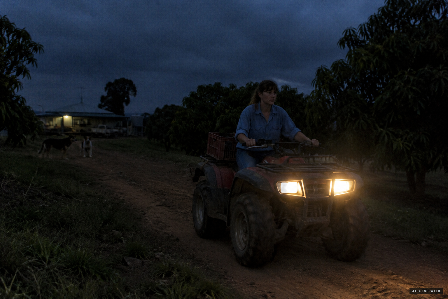 Woken at 3 a.m. by a close call, she rides the four-wheeler up towards the shade house