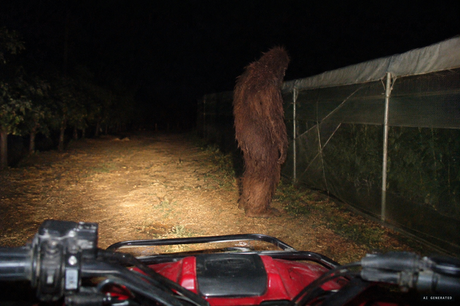 The headlights catch a 7-foot creature in matted reddish-brown hair, standing side-on