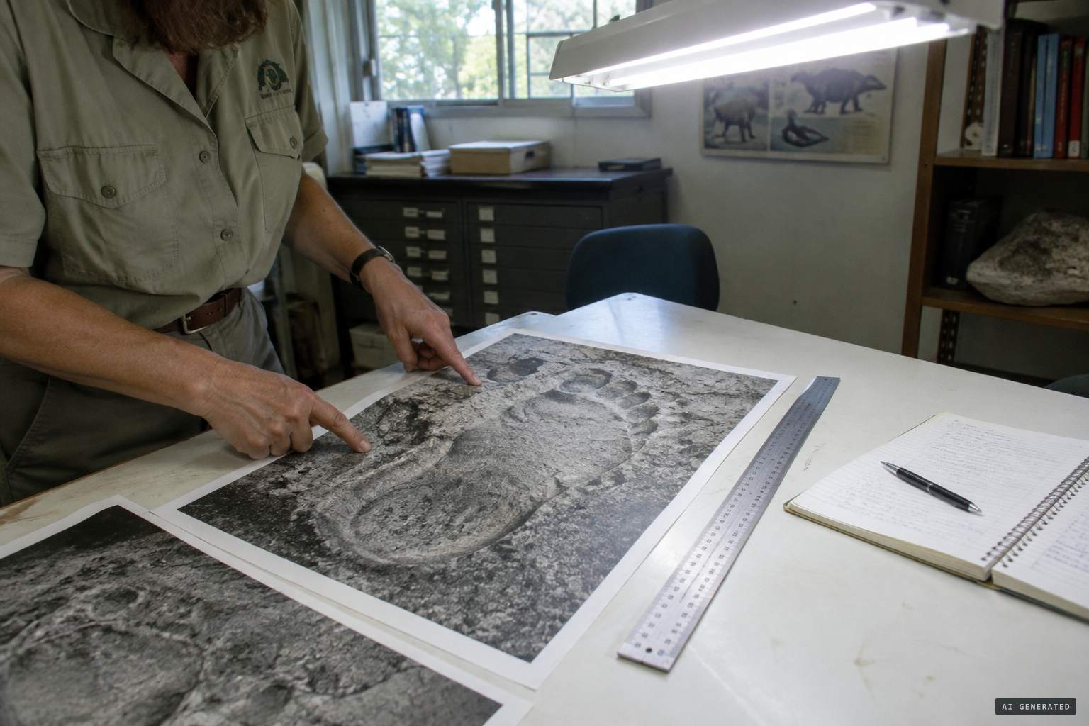 Museum staff study the footprint photographs and suspect a hoax