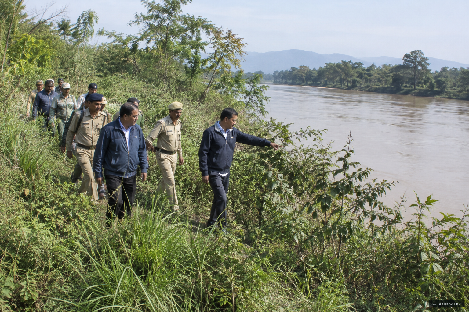 The minister inspects the bushy bank of the Imphal river