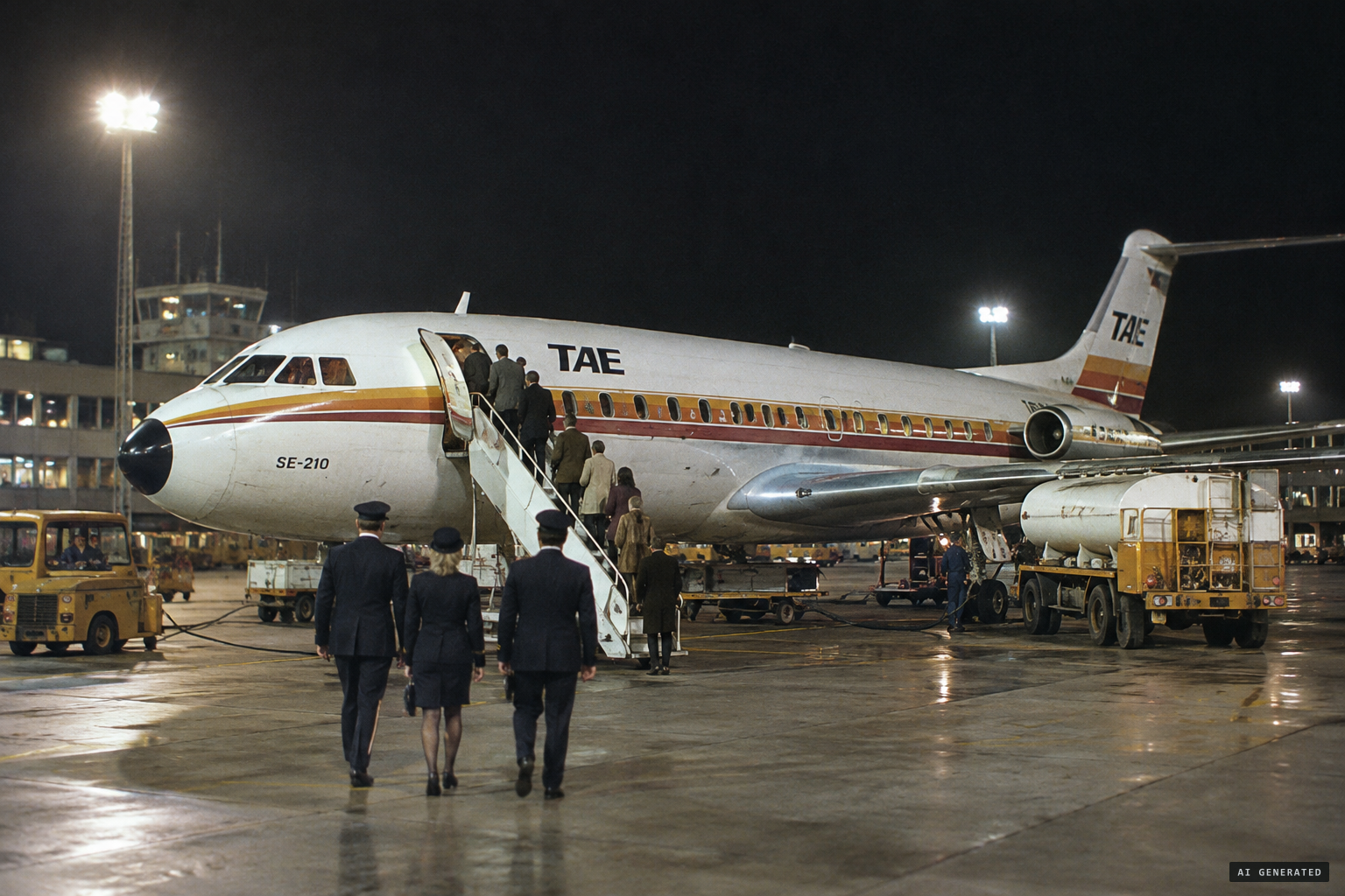 TAE flight JK-297, a Super Caravelle, refuels at Palma before heading for the Canary Islands