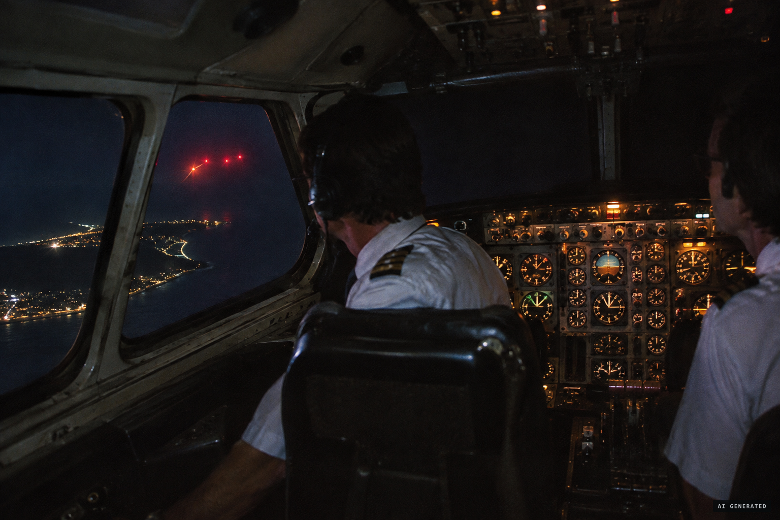 The flight engineer spots red lights racing toward the airliner from the left
