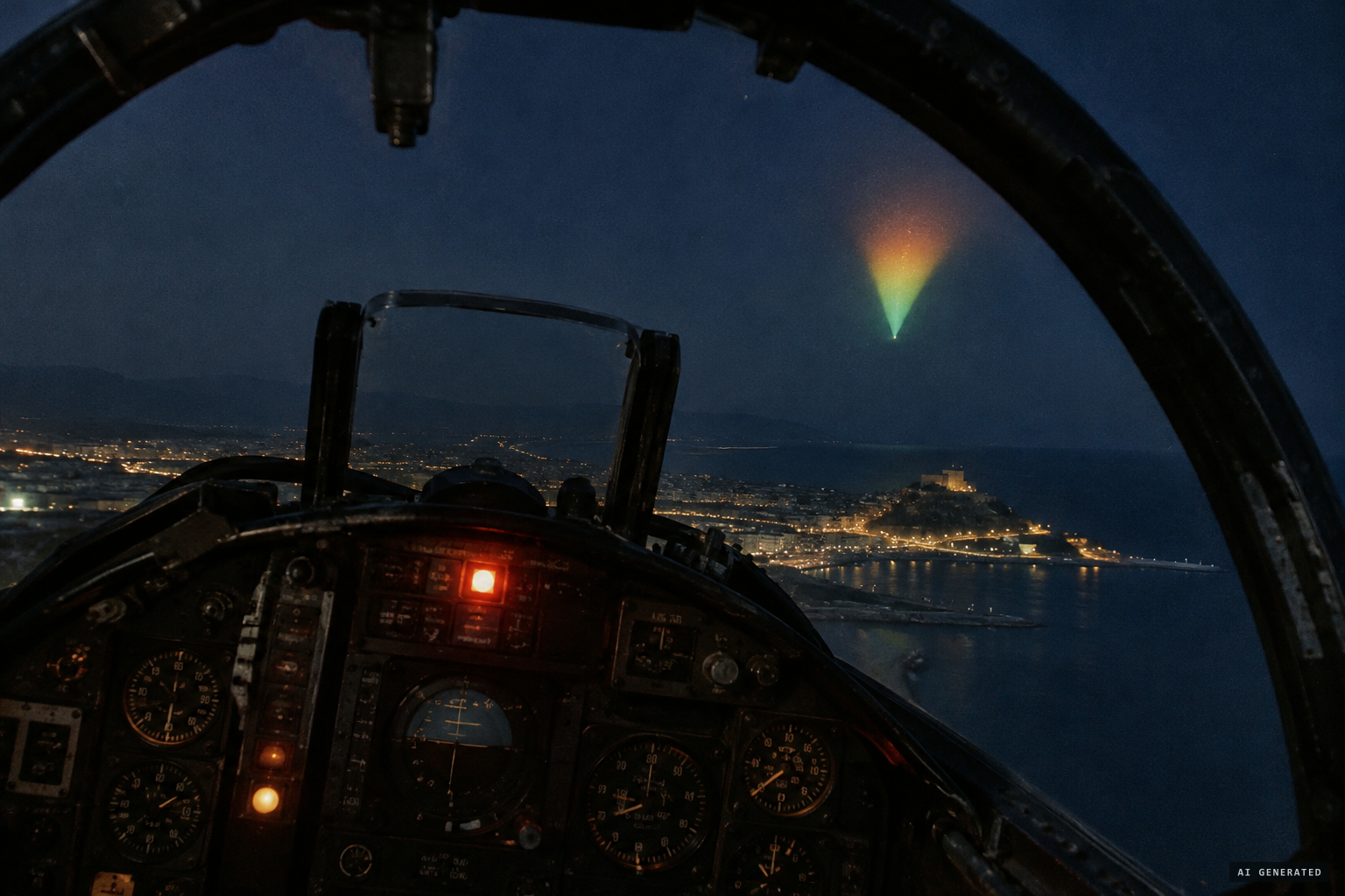 Over Sagunto the light becomes a colour-changing inverted cone and accelerates away